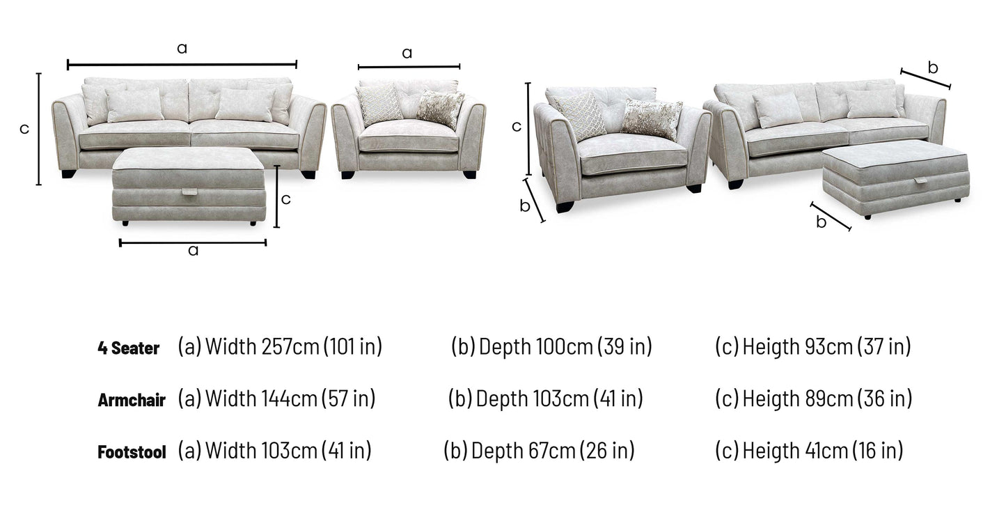 Mariah_ Dapple Ivory-Tri Brass Insert Fabric 4 Seater Classic Back Split Frame Sofa with Snuggler Chair & Storage Footstool Furniture Village
