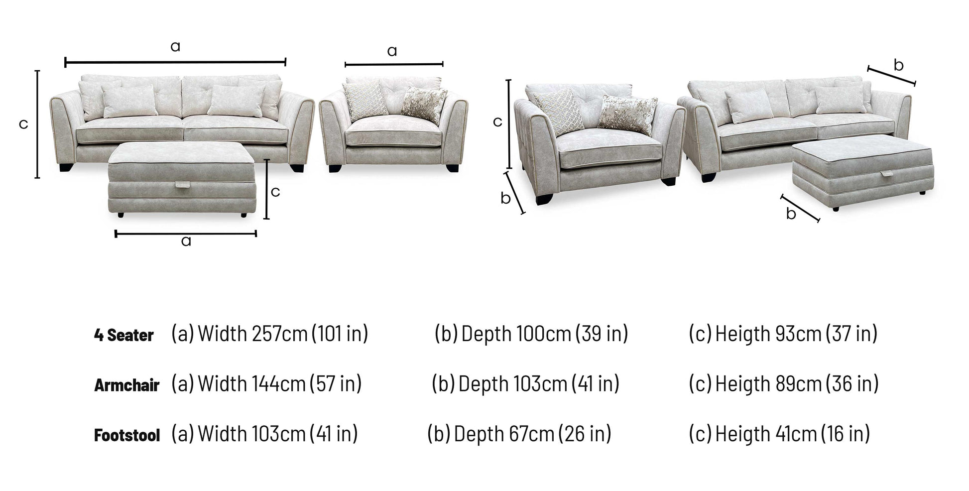 Mariah_ Dapple Ivory-Tri Brass Insert Fabric 4 Seater Classic Back Split Frame Sofa with Snuggler Chair & Storage Footstool Furniture Village