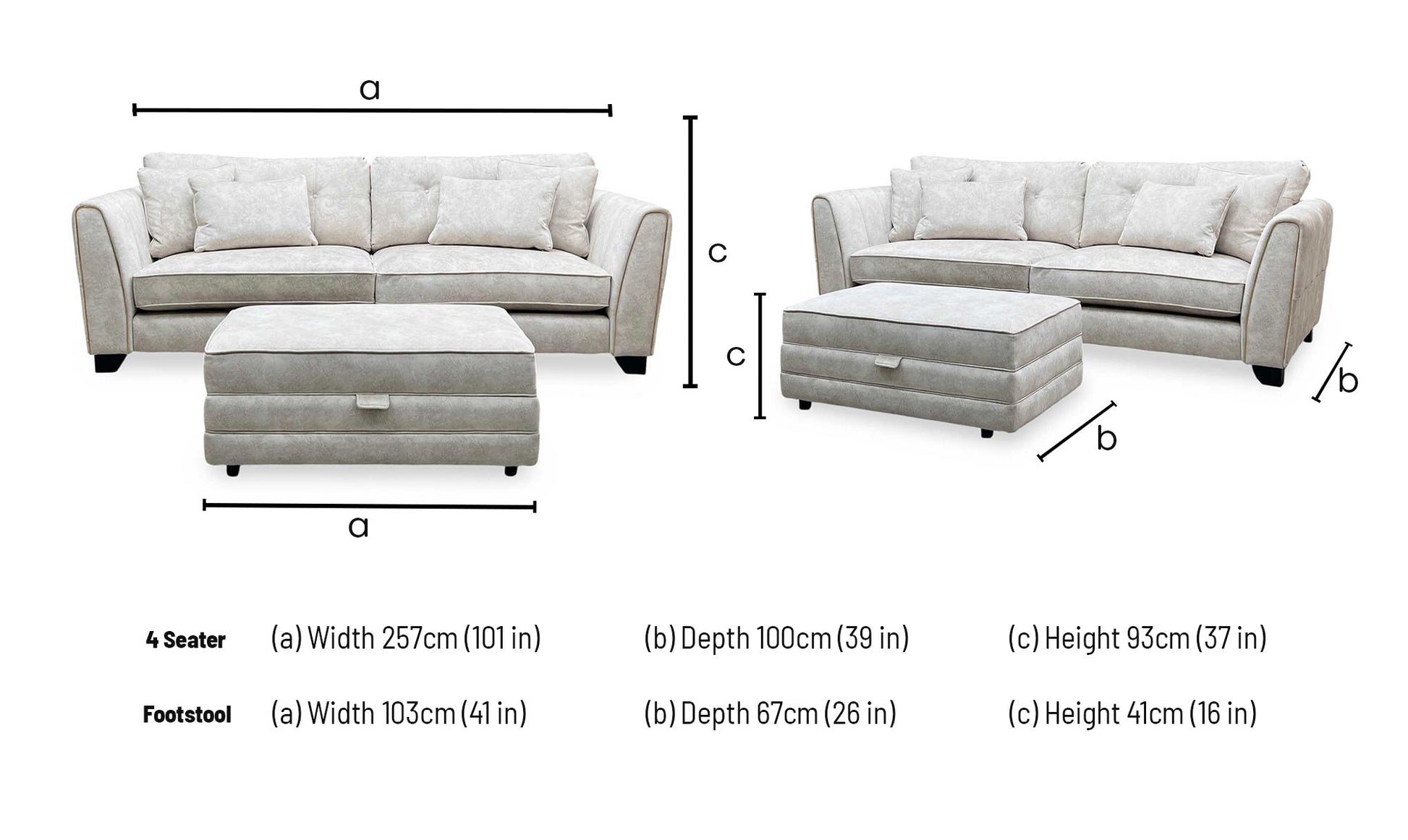 'Mariah' Dapple Ivory-Tri Brass Insert Fabric 4 Seater Classic Back Split Frame Sofa with Storage Footstool Furniture Village