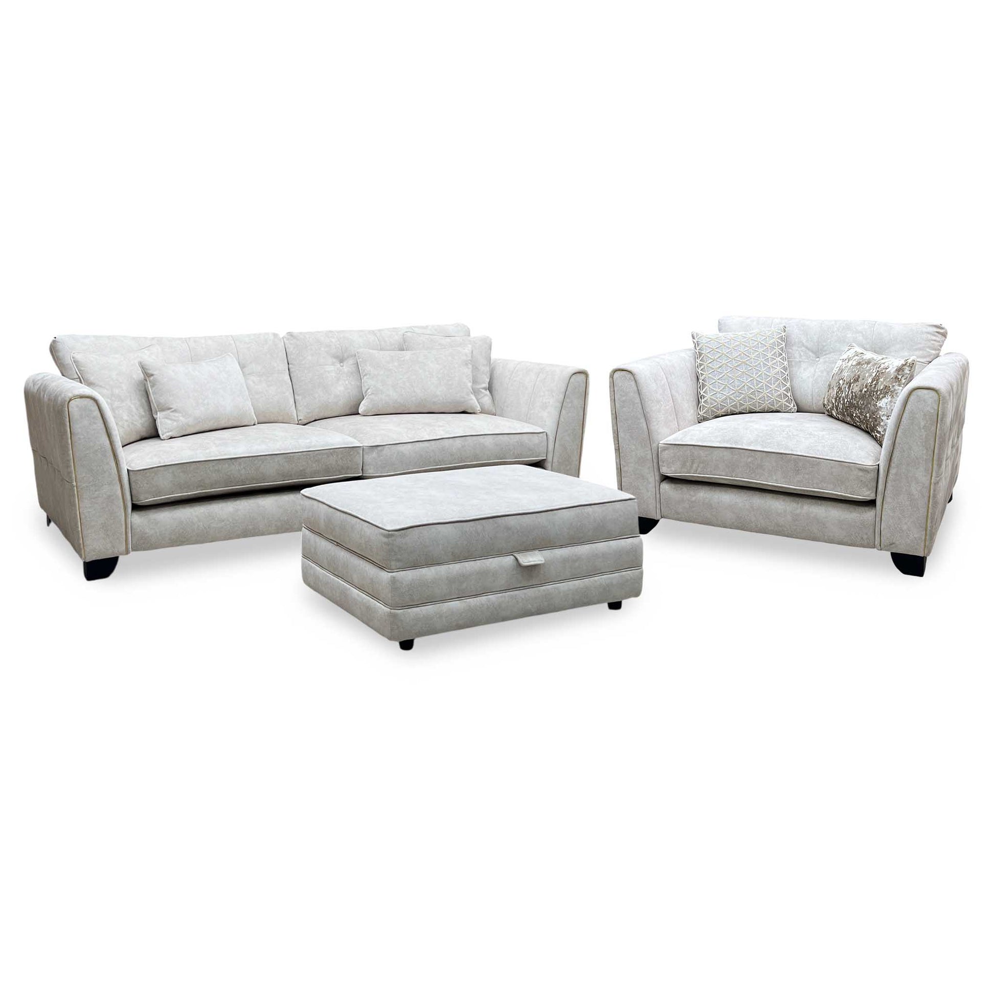Mariah_ Dapple Ivory-Tri Brass Insert Fabric 4 Seater Classic Back Split Frame Sofa with Snuggler Chair & Storage Footstool Furniture Village