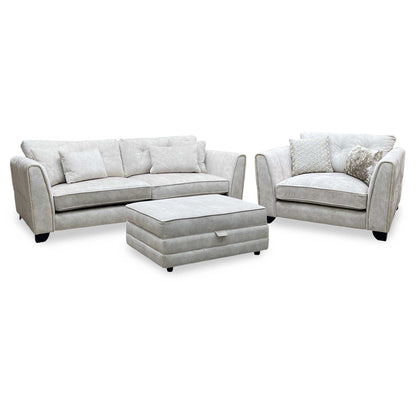 Mariah_ Dapple Ivory-Tri Brass Insert Fabric 4 Seater Classic Back Split Frame Sofa with Snuggler Chair & Storage Footstool Furniture Village