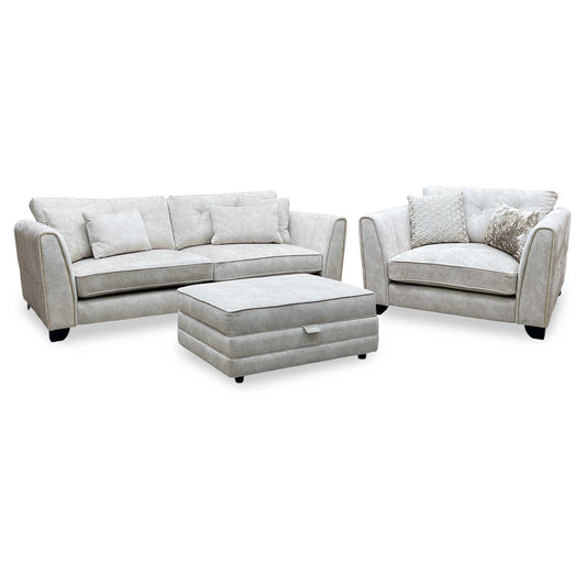 Mariah_ Dapple Ivory-Tri Brass Insert Fabric 4 Seater Classic Back Split Frame Sofa with Snuggler Chair & Storage Footstool Furniture Village