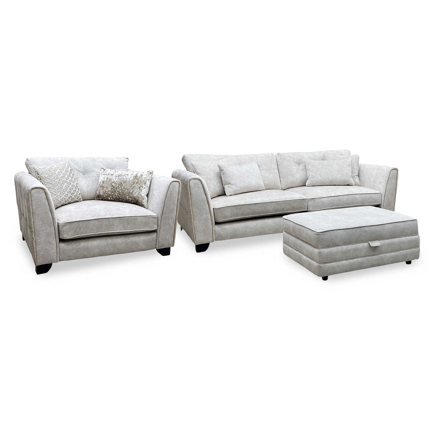 Mariah_ Dapple Ivory-Tri Brass Insert Fabric 4 Seater Classic Back Split Frame Sofa with Snuggler Chair & Storage Footstool Furniture Village