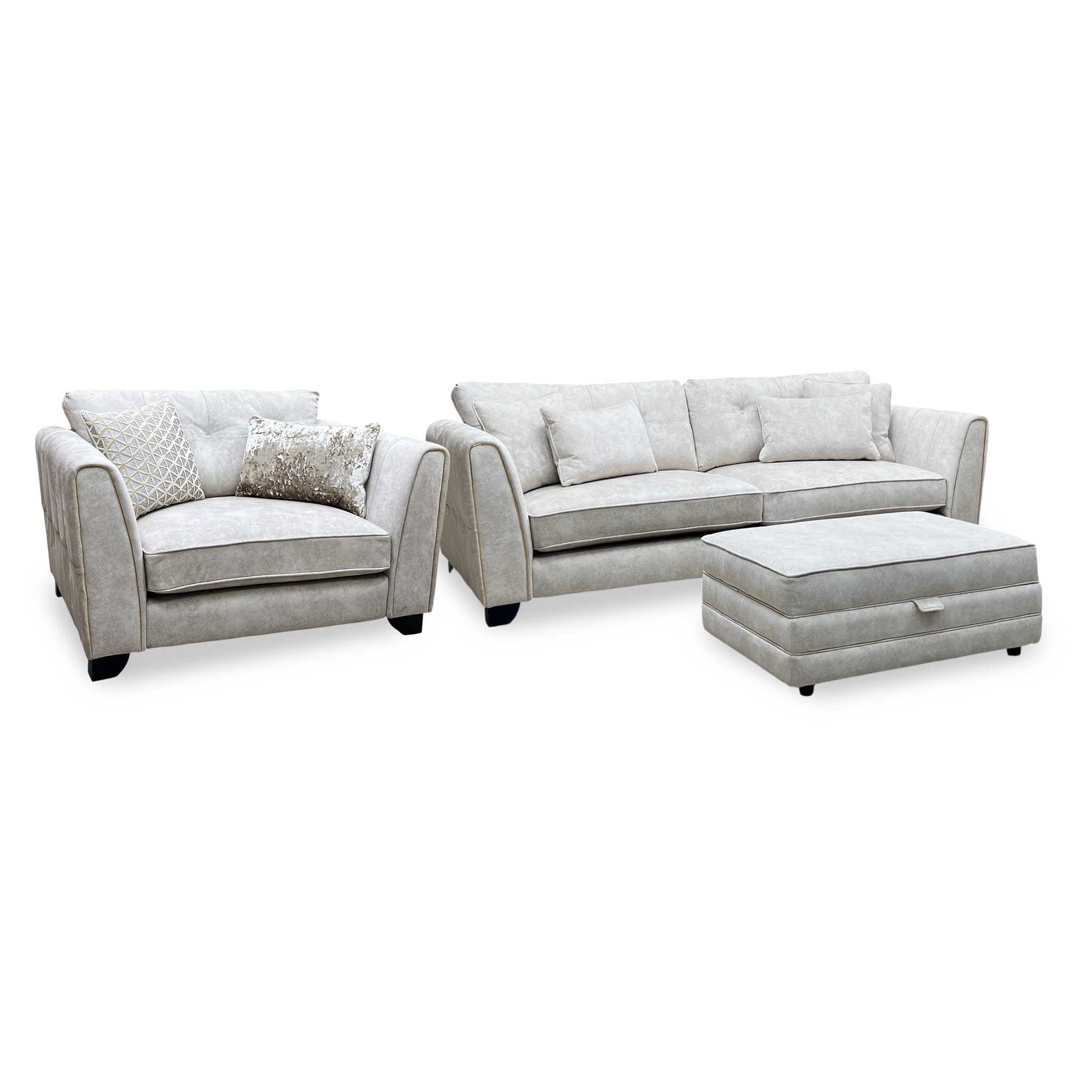 Mariah_ Dapple Ivory-Tri Brass Insert Fabric 4 Seater Classic Back Split Frame Sofa with Snuggler Chair & Storage Footstool Furniture Village