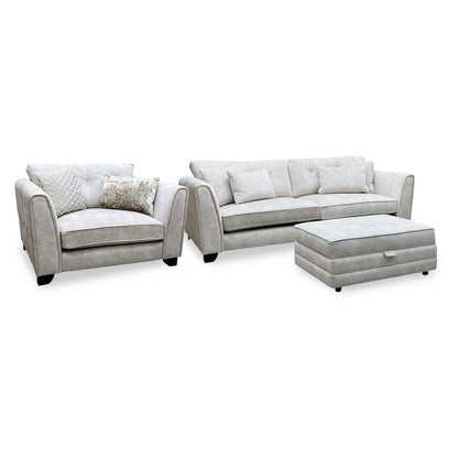Mariah_ Dapple Ivory-Tri Brass Insert Fabric 4 Seater Classic Back Split Frame Sofa with Snuggler Chair & Storage Footstool Furniture Village