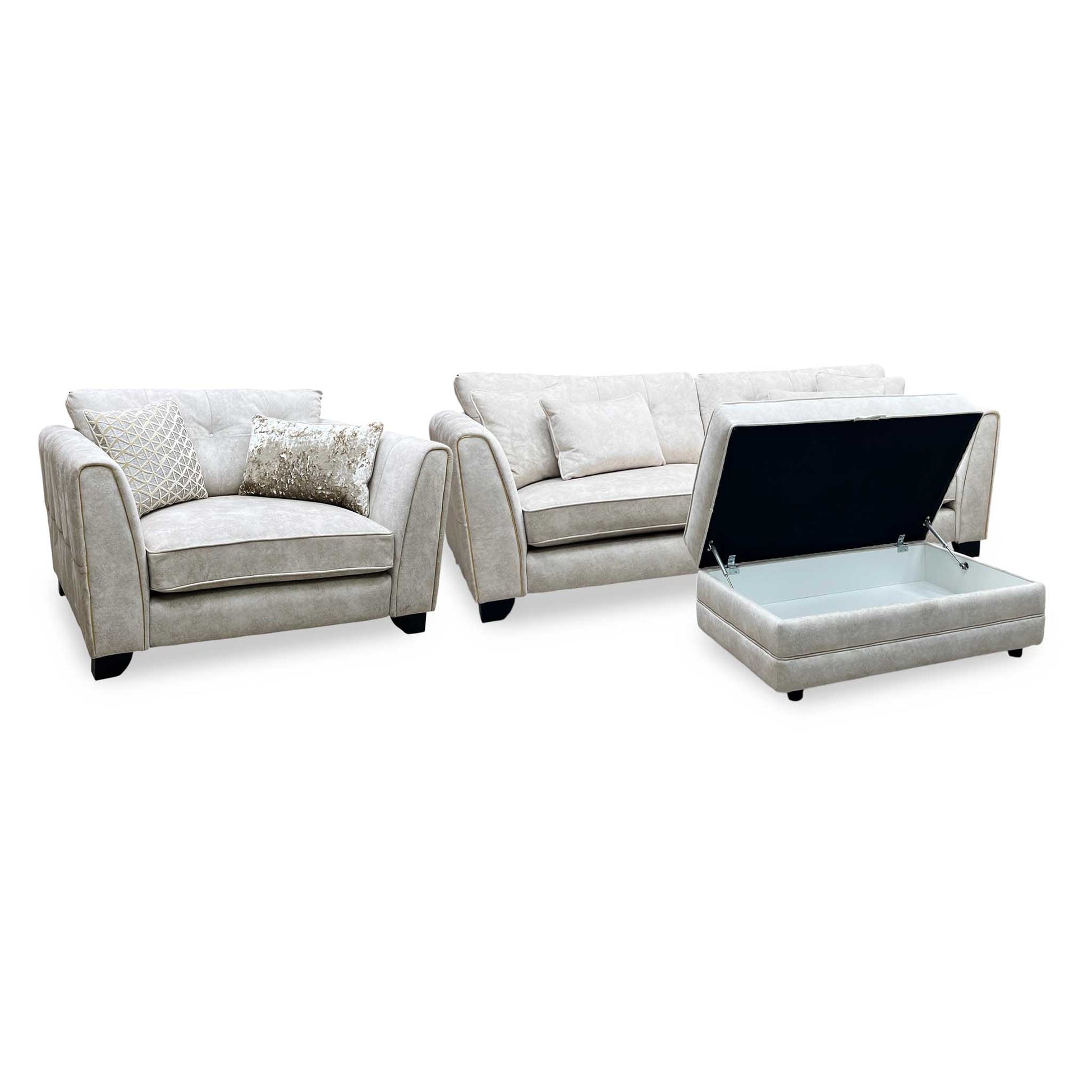 Mariah_ Dapple Ivory-Tri Brass Insert Fabric 4 Seater Classic Back Split Frame Sofa with Snuggler Chair & Storage Footstool Furniture Village