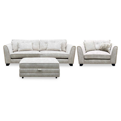 Mariah_ Dapple Ivory-Tri Brass Insert Fabric 4 Seater Classic Back Split Frame Sofa with Snuggler Chair & Storage Footstool Furniture Village