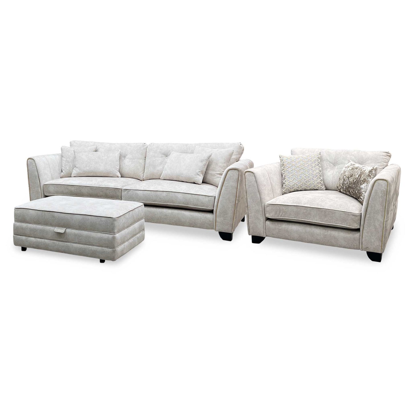 Mariah_ Dapple Ivory-Tri Brass Insert Fabric 4 Seater Classic Back Split Frame Sofa with Snuggler Chair & Storage Footstool Furniture Village