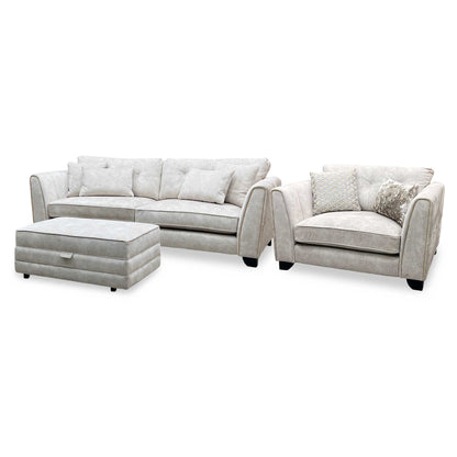 Mariah_ Dapple Ivory-Tri Brass Insert Fabric 4 Seater Classic Back Split Frame Sofa with Snuggler Chair & Storage Footstool Furniture Village