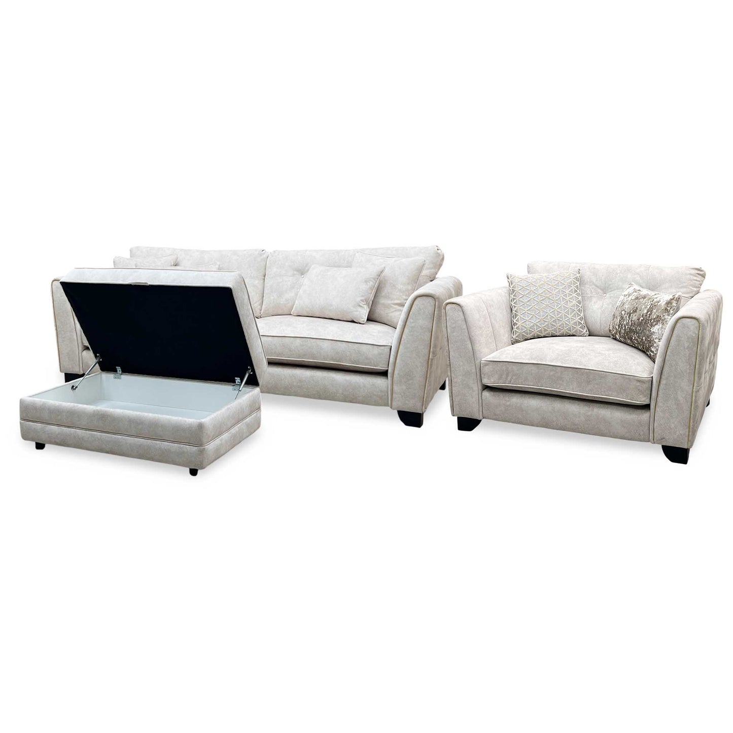 Mariah_ Dapple Ivory-Tri Brass Insert Fabric 4 Seater Classic Back Split Frame Sofa with Snuggler Chair & Storage Footstool Furniture Village