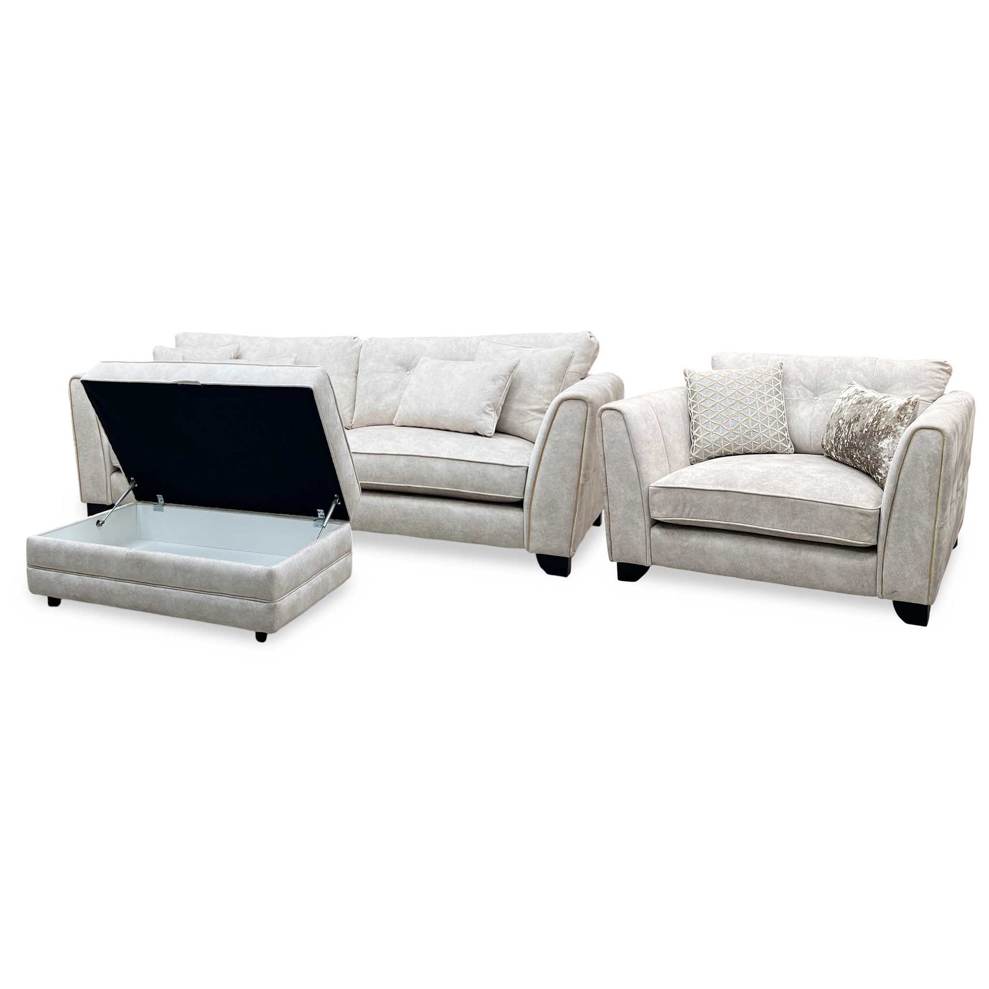 Mariah_ Dapple Ivory-Tri Brass Insert Fabric 4 Seater Classic Back Split Frame Sofa with Snuggler Chair & Storage Footstool Furniture Village