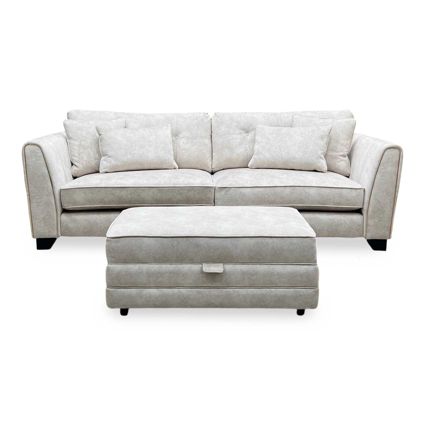 'Mariah' Dapple Ivory-Tri Brass Insert Fabric 4 Seater Classic Back Split Frame Sofa with Storage Footstool Furniture Village