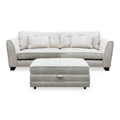 'Mariah' Dapple Ivory-Tri Brass Insert Fabric 4 Seater Classic Back Split Frame Sofa with Storage Footstool Furniture Village