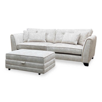 'Mariah' Dapple Ivory-Tri Brass Insert Fabric 4 Seater Classic Back Split Frame Sofa with Storage Footstool Furniture Village