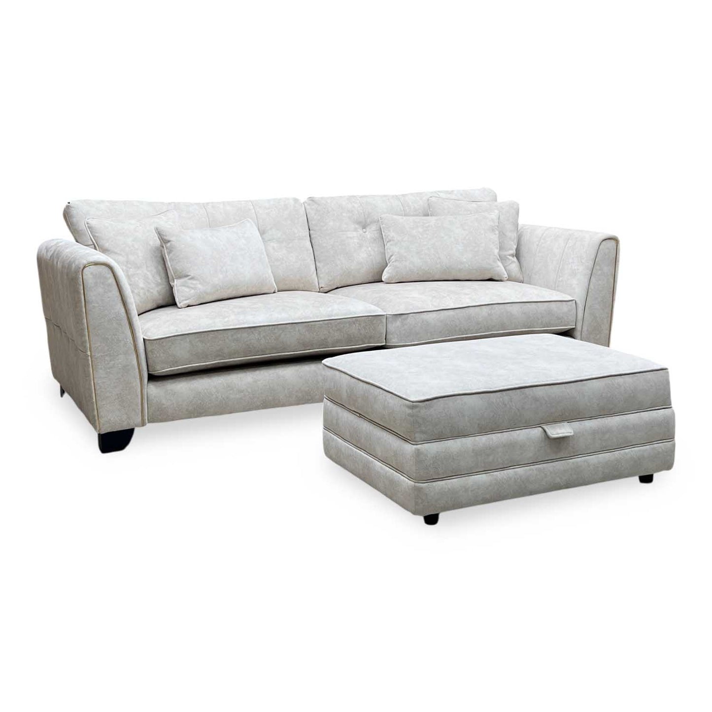 'Mariah' Dapple Ivory-Tri Brass Insert Fabric 4 Seater Classic Back Split Frame Sofa with Storage Footstool Furniture Village