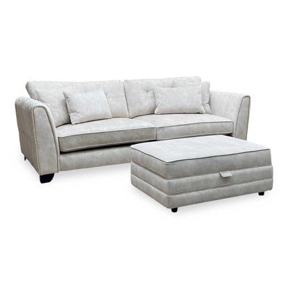 'Mariah' Dapple Ivory-Tri Brass Insert Fabric 4 Seater Classic Back Split Frame Sofa with Storage Footstool Furniture Village