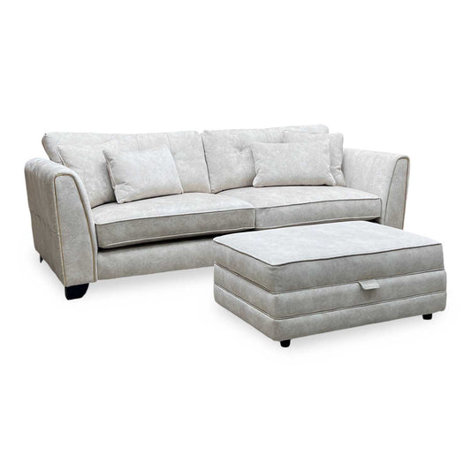 'Mariah' Dapple Ivory-Tri Brass Insert Fabric 4 Seater Classic Back Split Frame Sofa with Storage Footstool Furniture Village