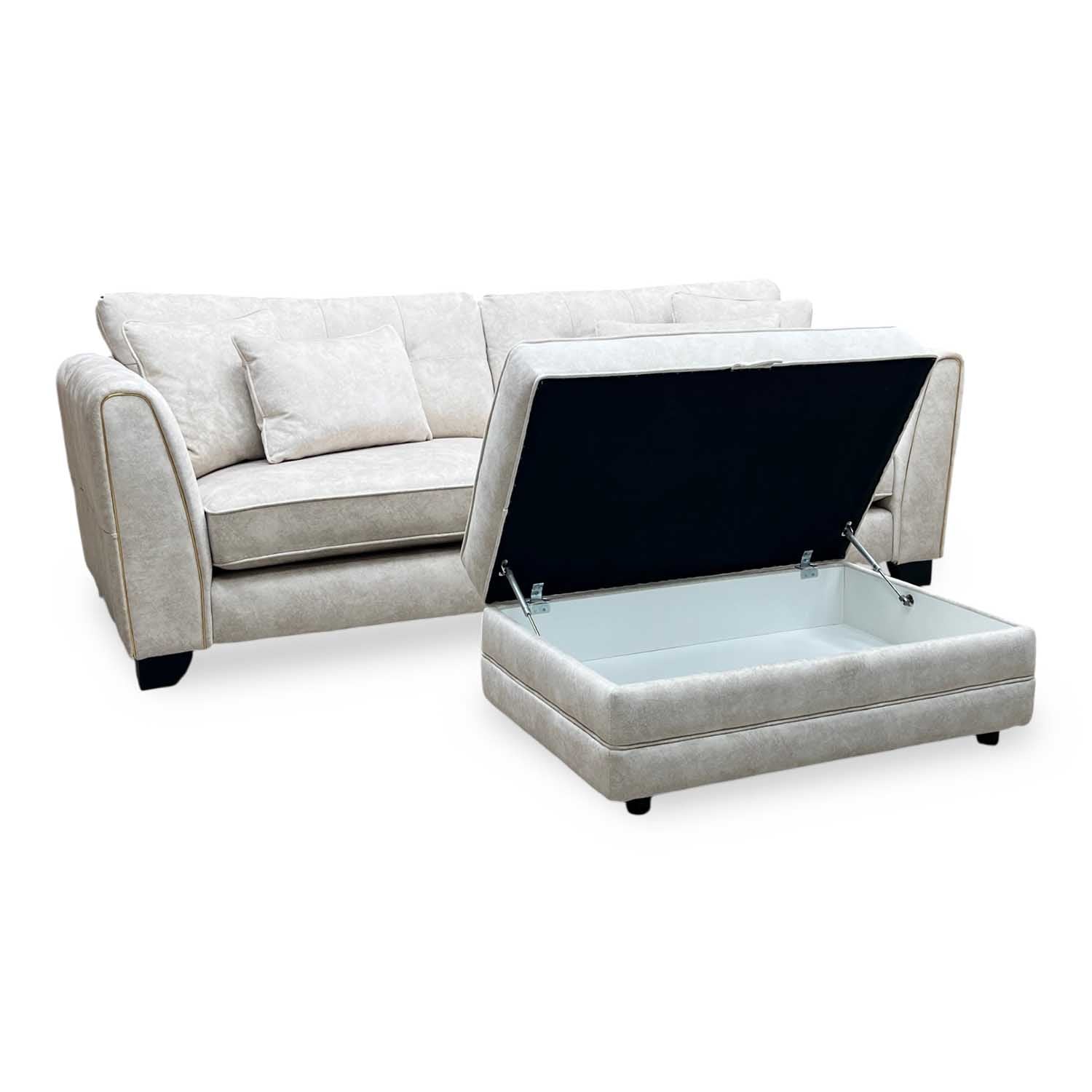 'Mariah' Dapple Ivory-Tri Brass Insert Fabric 4 Seater Classic Back Split Frame Sofa with Storage Footstool Furniture Village