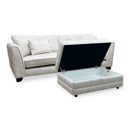 'Mariah' Dapple Ivory-Tri Brass Insert Fabric 4 Seater Classic Back Split Frame Sofa with Storage Footstool Furniture Village