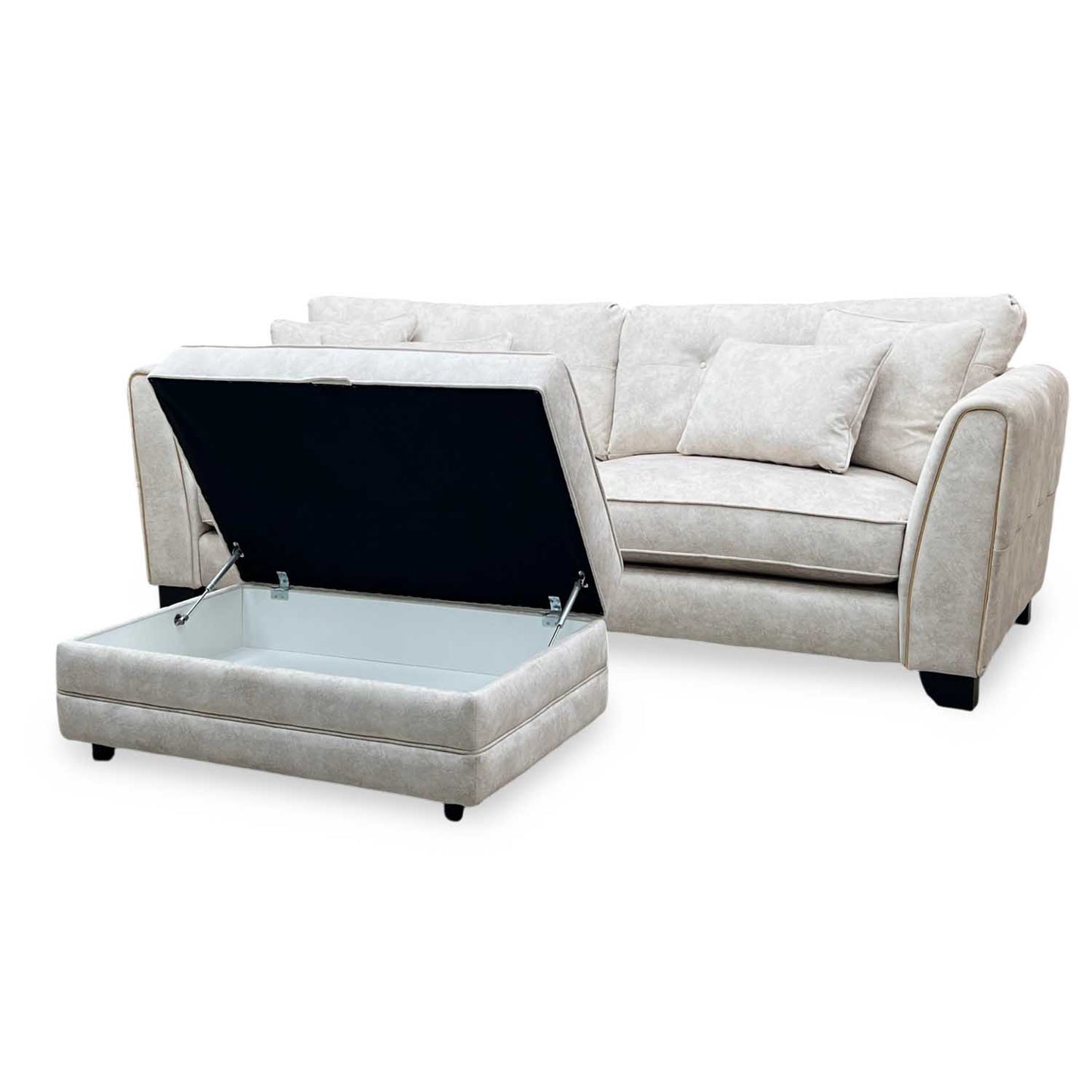 'Mariah' Dapple Ivory-Tri Brass Insert Fabric 4 Seater Classic Back Split Frame Sofa with Storage Footstool Furniture Village