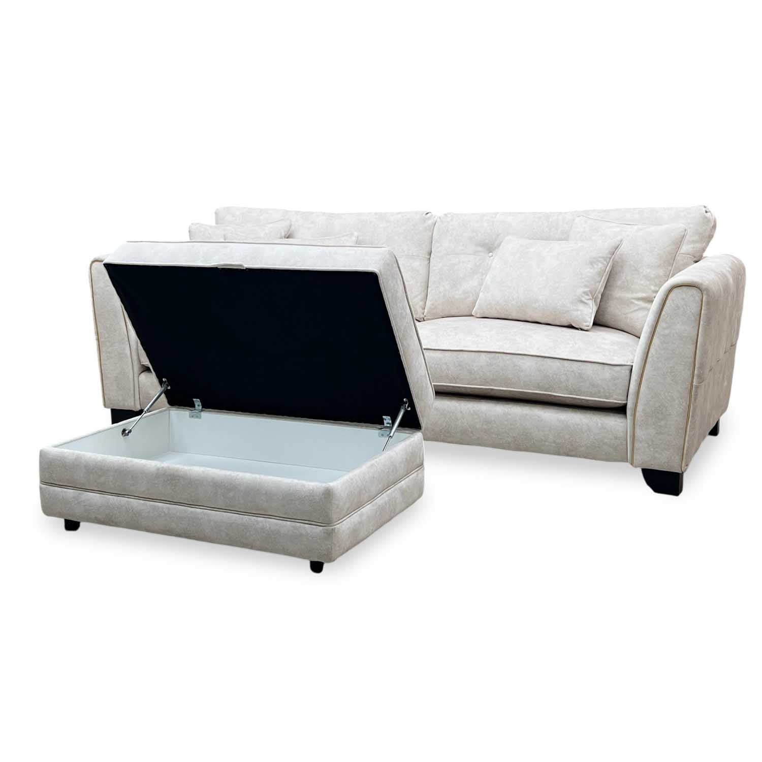 'Mariah' Dapple Ivory-Tri Brass Insert Fabric 4 Seater Classic Back Split Frame Sofa with Storage Footstool Furniture Village