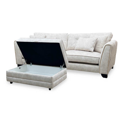 'Mariah' Dapple Ivory-Tri Brass Insert Fabric 4 Seater Classic Back Split Frame Sofa with Storage Footstool Furniture Village