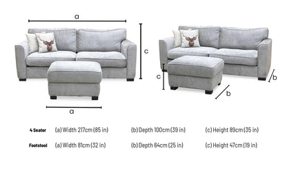 'Elora’ Warm Grey Fabric 4 Seater Split Frame Sofa with Storage Footstool Furniture Village