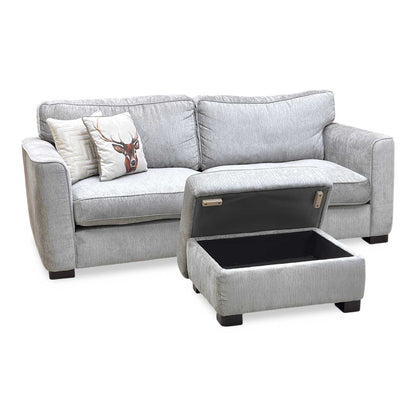 'Elora’ Warm Grey Fabric 4 Seater Split Frame Sofa with Storage Footstool Furniture Village