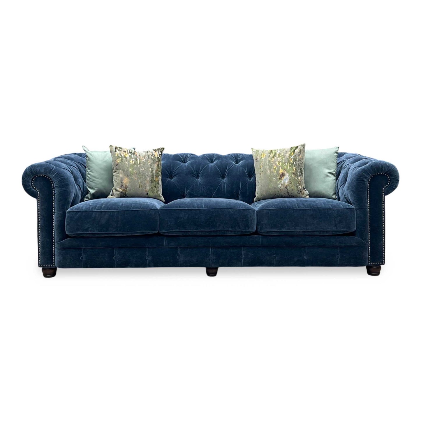 At The Helm ‘Shackleton’ X3y2-W024 Midnight Blue Fabric 4 Seater Chesterfield Sofa Furniture Village