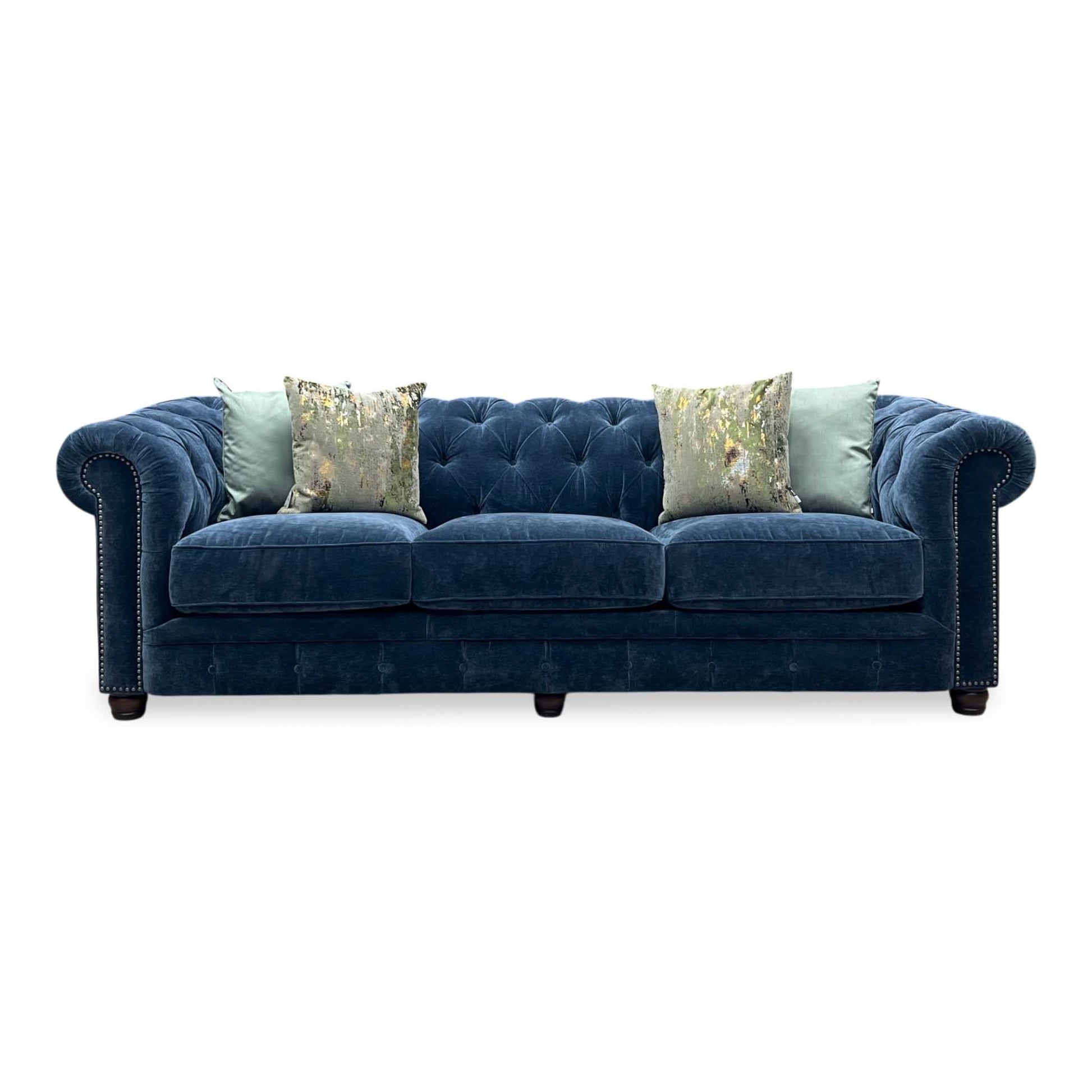 At The Helm ‘Shackleton’ X3y2-W024 Midnight Blue Fabric 4 Seater Chesterfield Sofa Furniture Village