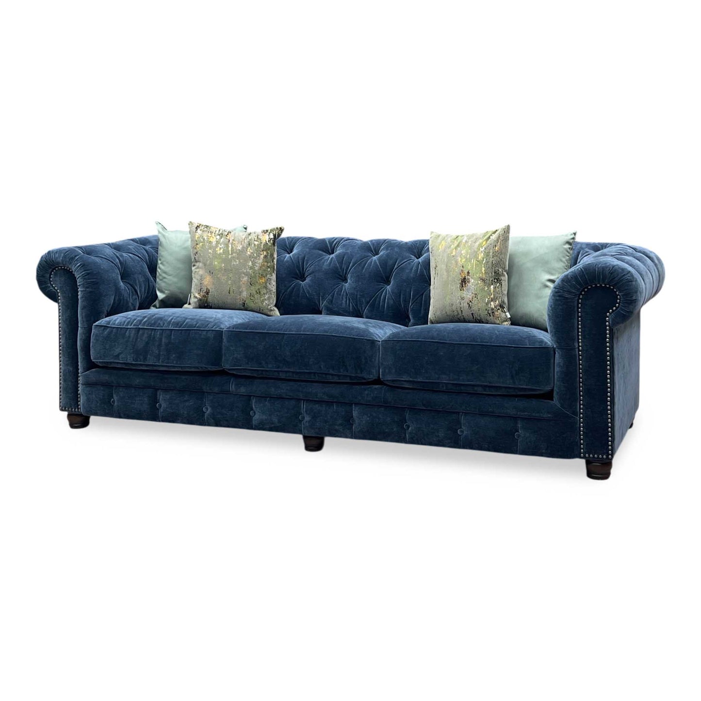 At The Helm ‘Shackleton’ X3y2-W024 Midnight Blue Fabric 4 Seater Chesterfield Sofa Furniture Village