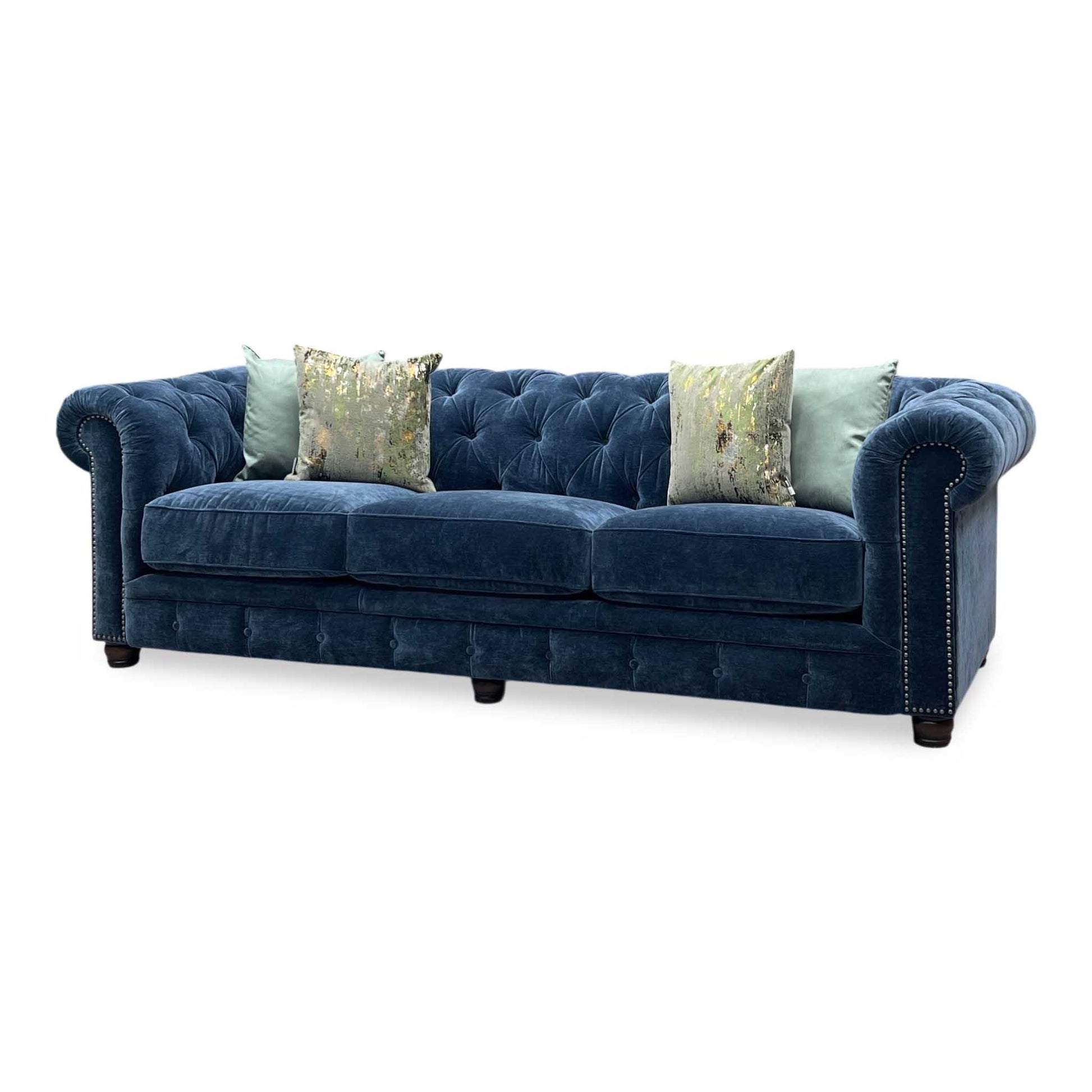 At The Helm ‘Shackleton’ X3y2-W024 Midnight Blue Fabric 4 Seater Chesterfield Sofa Furniture Village