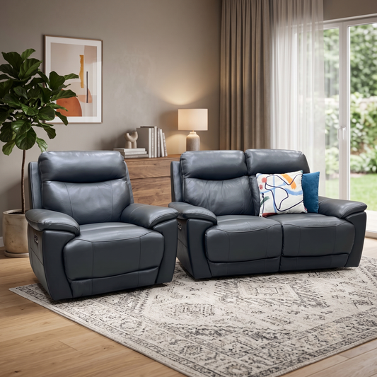 ‘Sloane’ Cat-35_01 Florida Graphite Grey Leather 2 Seater Sofa + Armchair Power Recliner Set Furniture Village