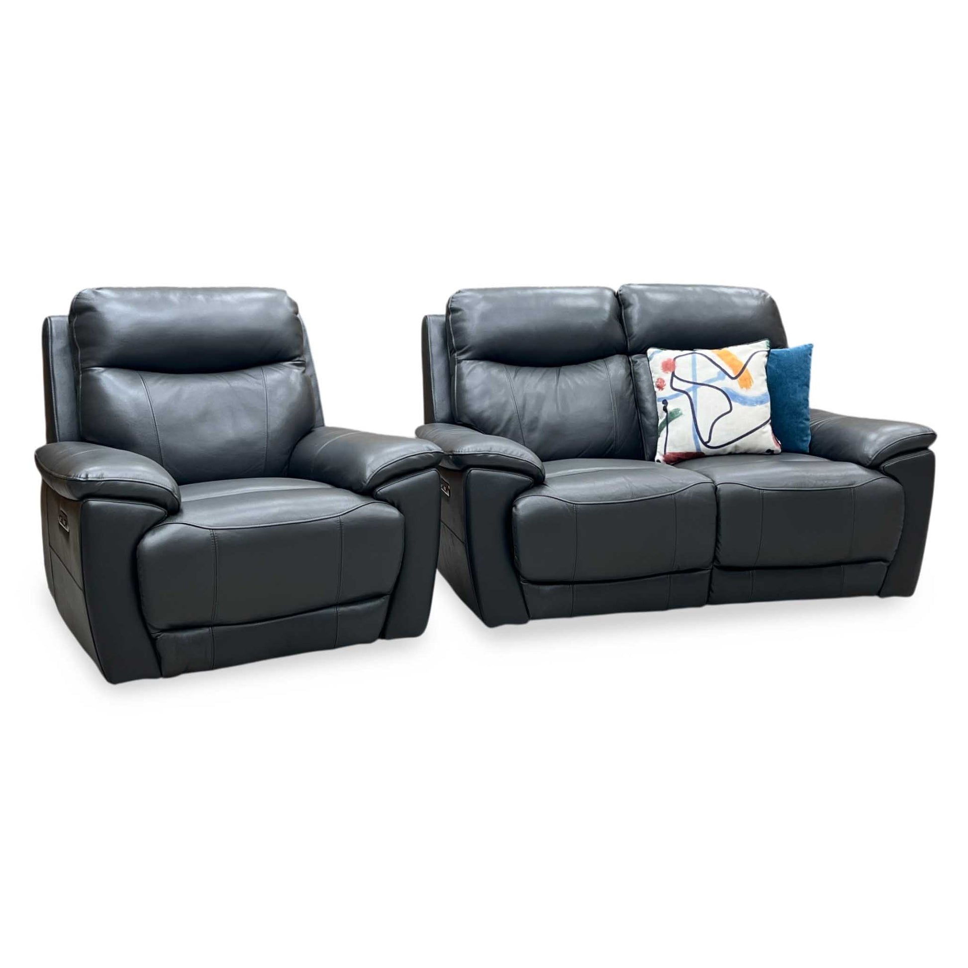 ‘Sloane’ Cat-35_01 Florida Graphite Grey Leather 2 Seater Sofa + Armchair Power Recliner Set Furniture Village