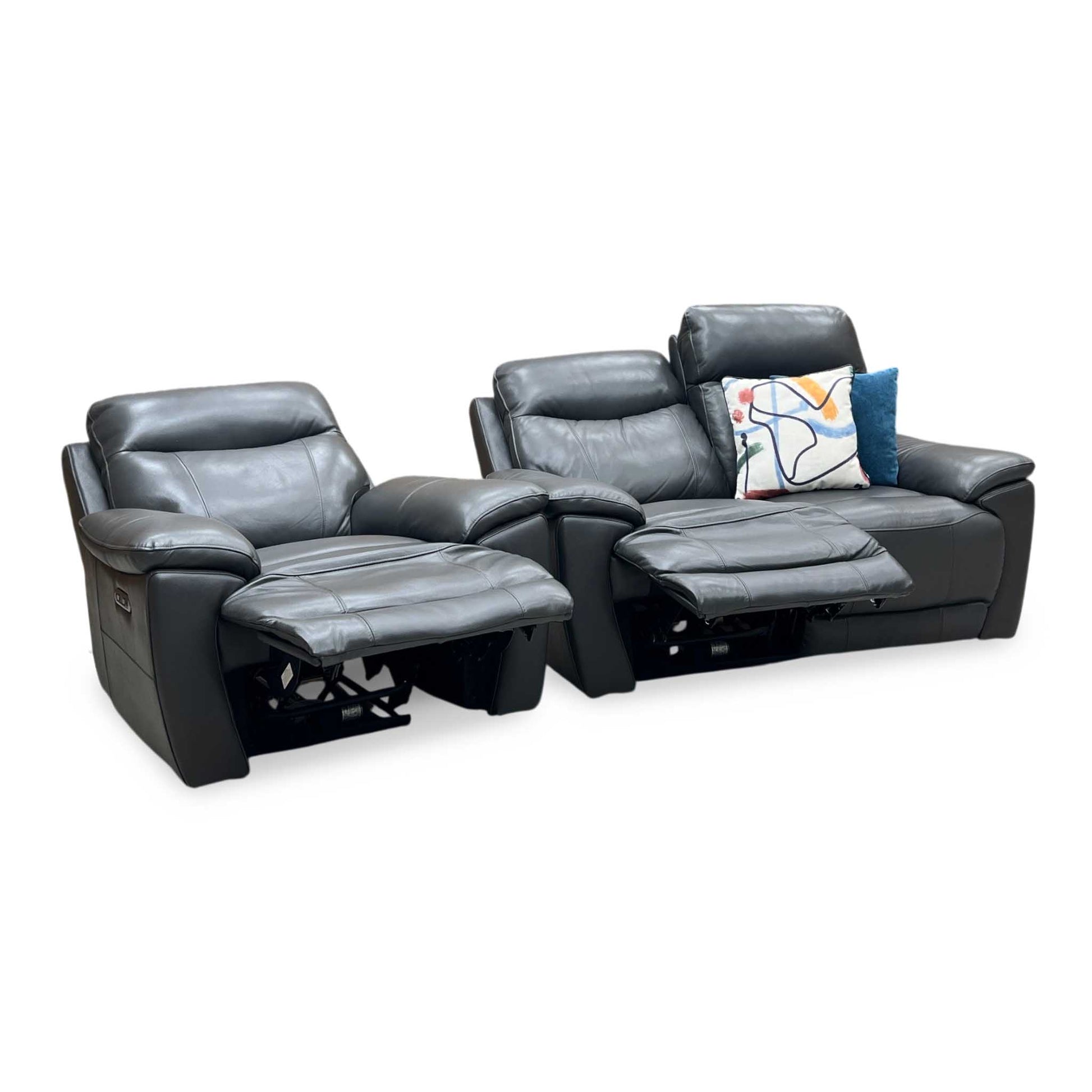 ‘Sloane’ Cat-35_01 Florida Graphite Grey Leather 2 Seater Sofa + Armchair Power Recliner Set Furniture Village