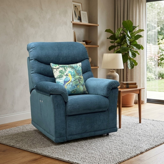 G Plan 'Malvern' B280 Liso Ocean Blue Fabric Power Recliner Armchair Furniture Village
