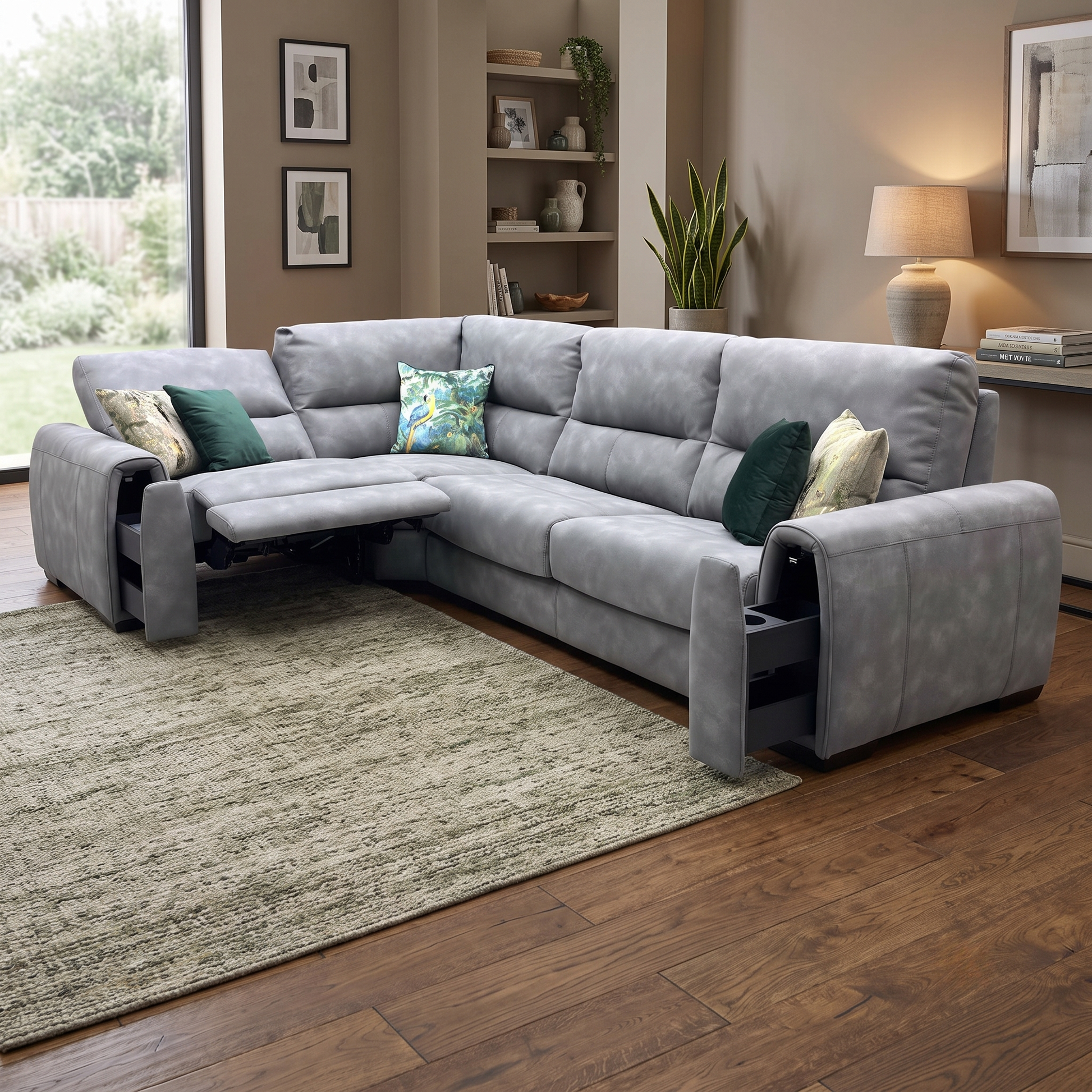 ‘Flex’ BFA-BEY-R16 Graphite Grey Fabric Small Corner Sofa Bed with Power Recliner and Storage Arms Furniture Village