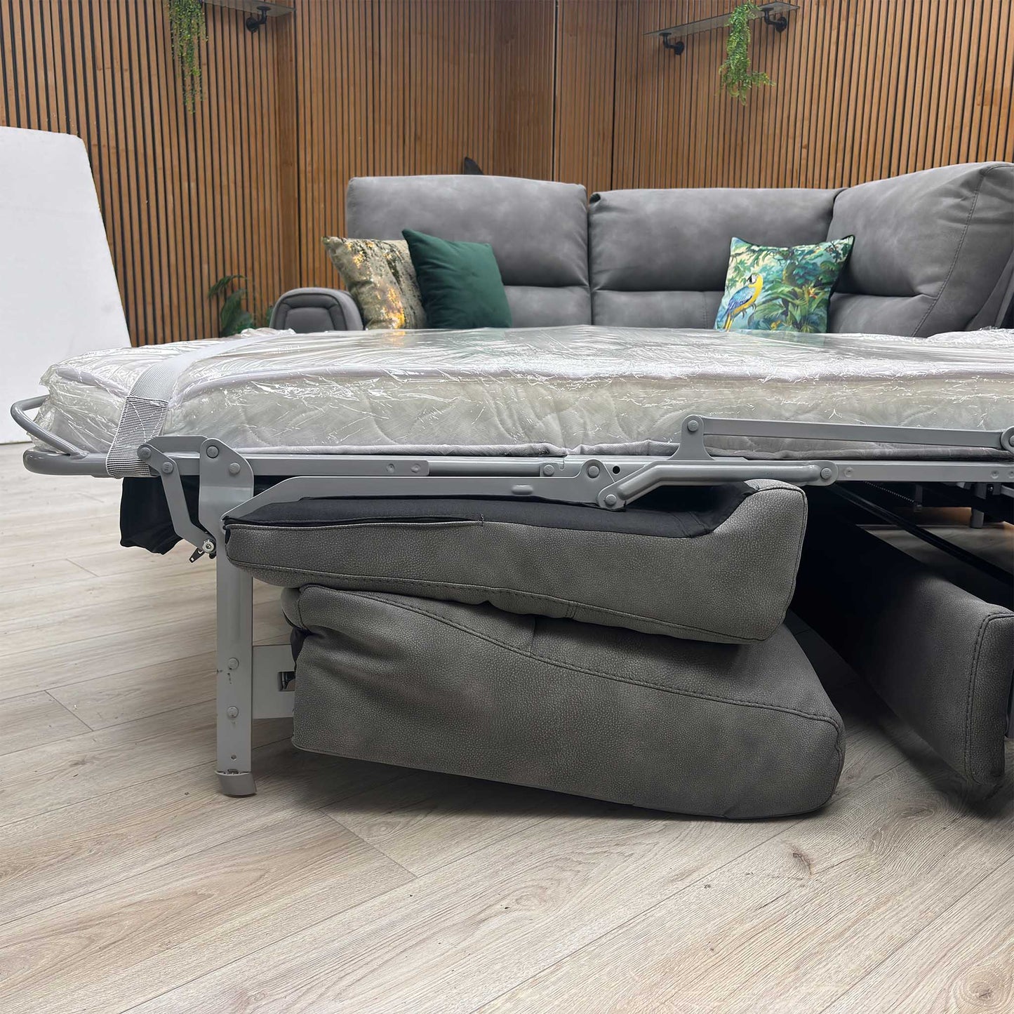 ‘Flex’ BFA-BEY-R16 Graphite Grey Fabric Small Corner Sofa Bed with Power Recliner and Storage Arms Furniture Village