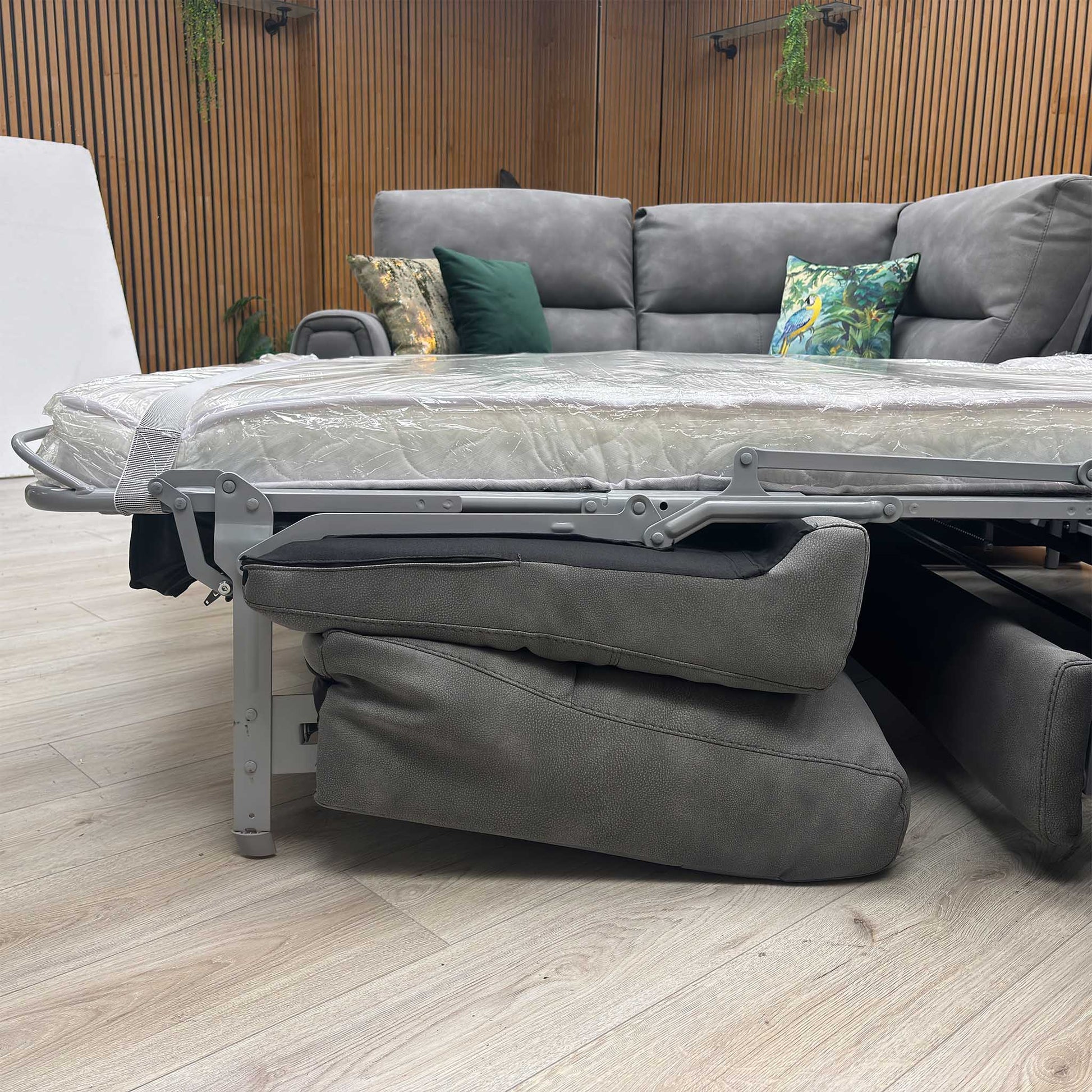 ‘Flex’ BFA-BEY-R16 Graphite Grey Fabric Small Corner Sofa Bed with Power Recliner and Storage Arms Furniture Village