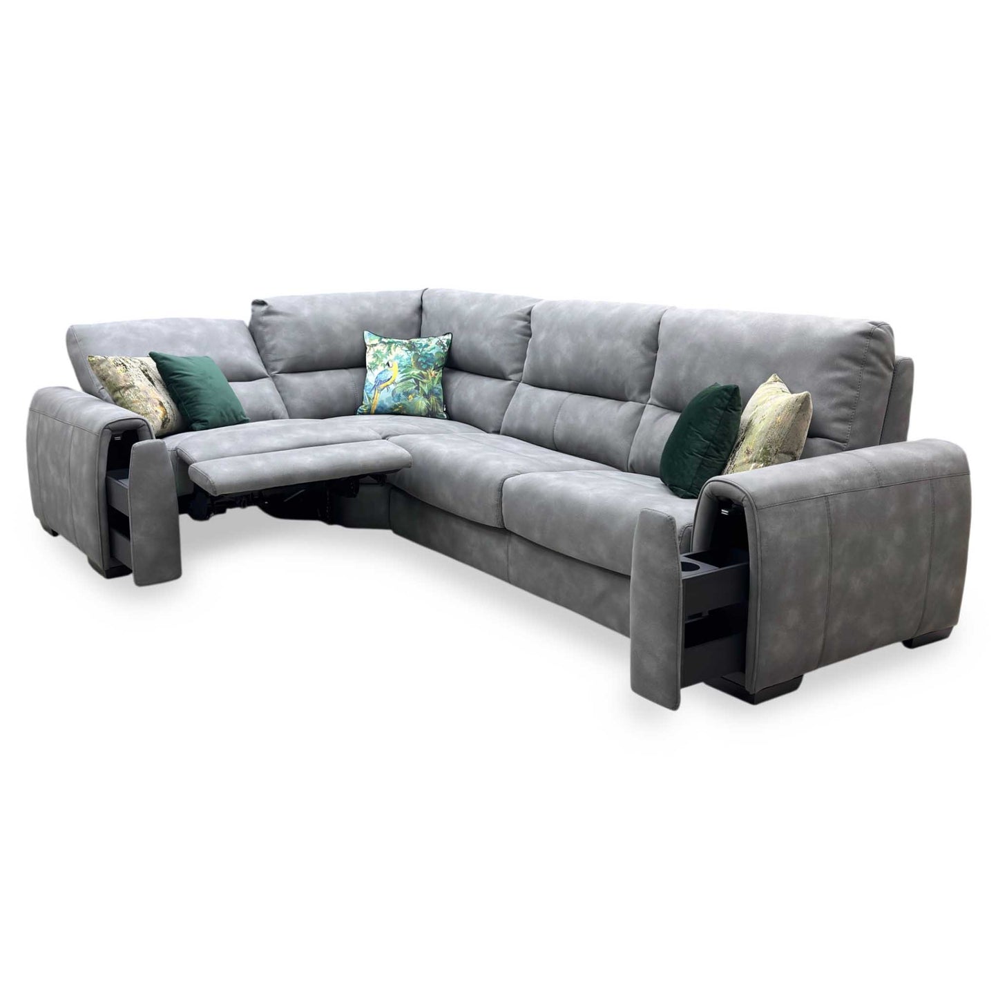 ‘Flex’ BFA-BEY-R16 Graphite Grey Fabric Small Corner Sofa Bed with Power Recliner and Storage Arms Furniture Village