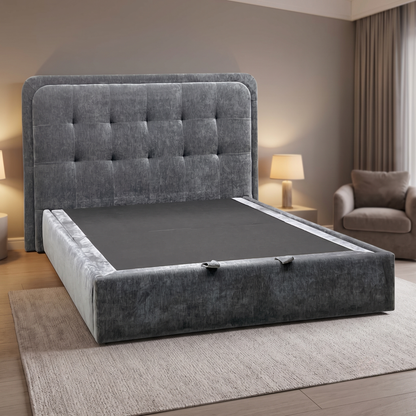 ‘Ray’ Cloud Grey Fabric LED End Lift Ottoman Bed Frame - King Size Furniture Village