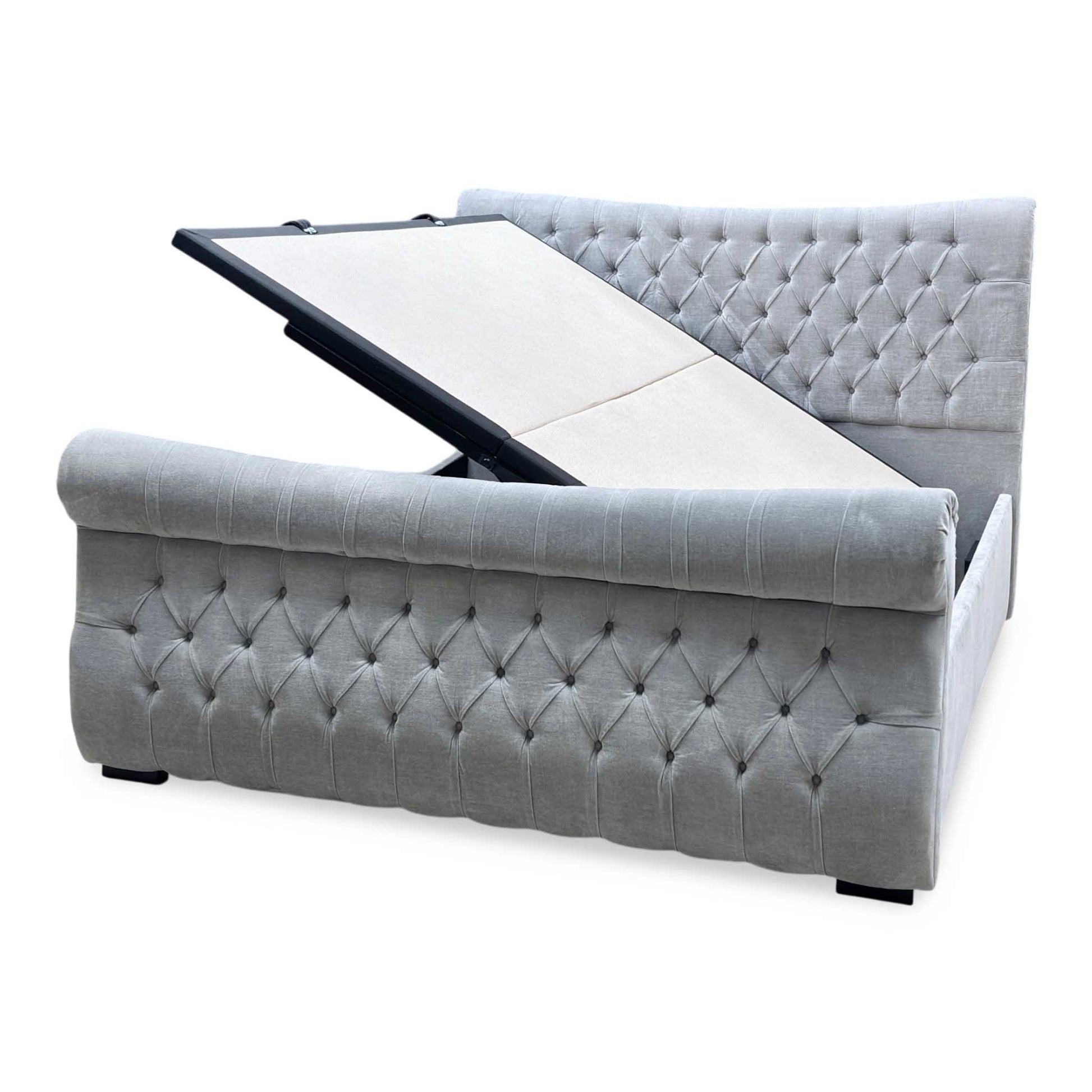 Sleep Story ‘Lance’ Aston Silver Fabric Left Hand Side Opening Ottoman Bed Frame - Super King Furniture Village