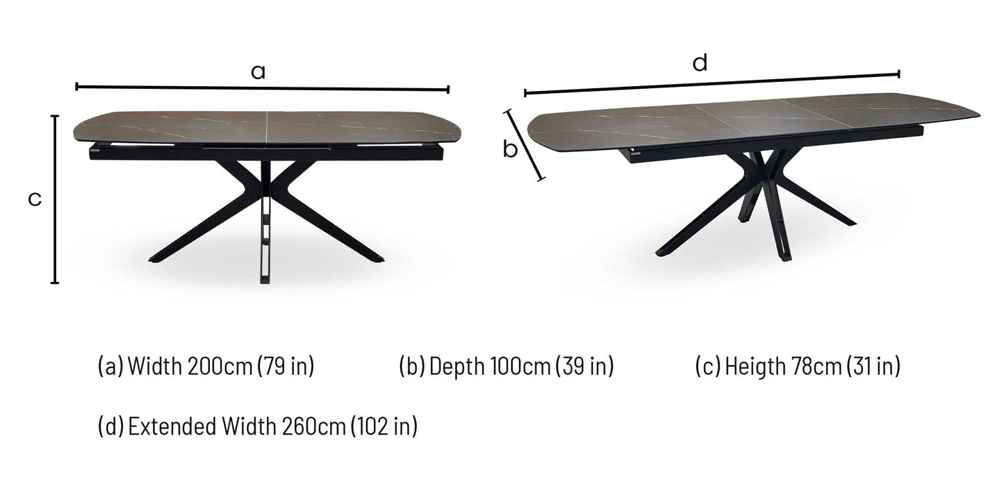 'Jose’ Nero Marquina Black Marble Effect Ceramic Top 200cm Pop Up Extending Dining Table Furniture Village