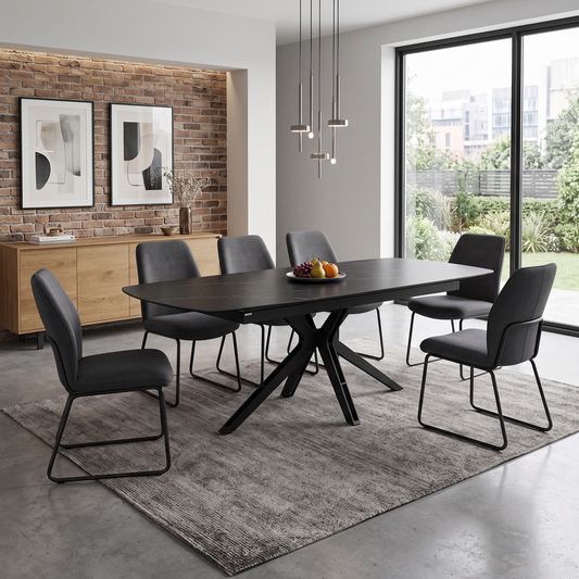 'Jose’ Nero Marquina Black Marble Effect Ceramic Top 200cm Pop Up Extending Dining Table Furniture Village