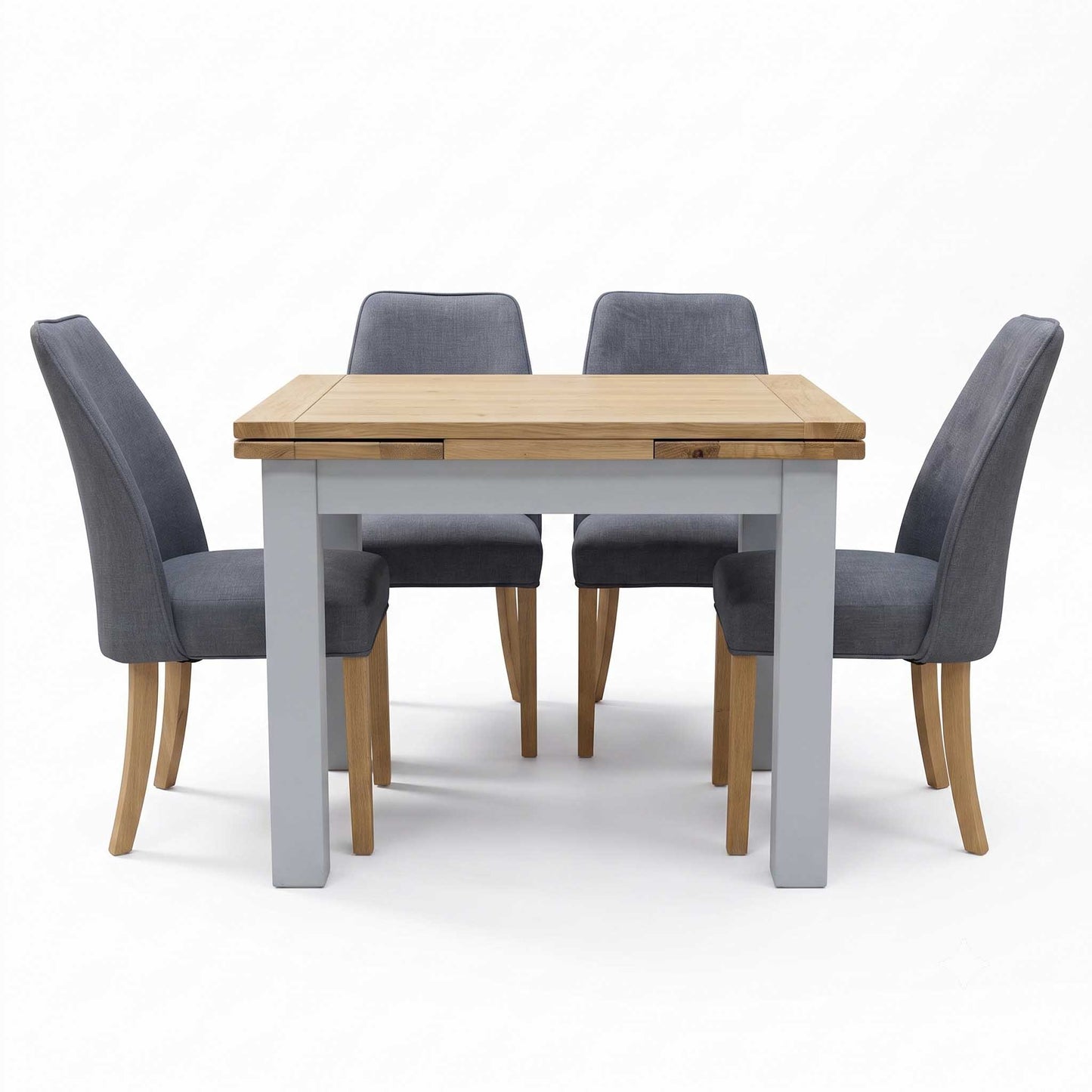 ‘Hamilton’ Solid American Oak Draw Leaf Extending Dining Table with Charcoal Grey Fabric Dining Chairs - Set of 4 Furniture Village