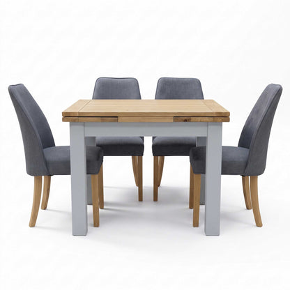 ‘Hamilton’ Solid American Oak Draw Leaf Extending Dining Table with Charcoal Grey Fabric Dining Chairs - Set of 4 Furniture Village