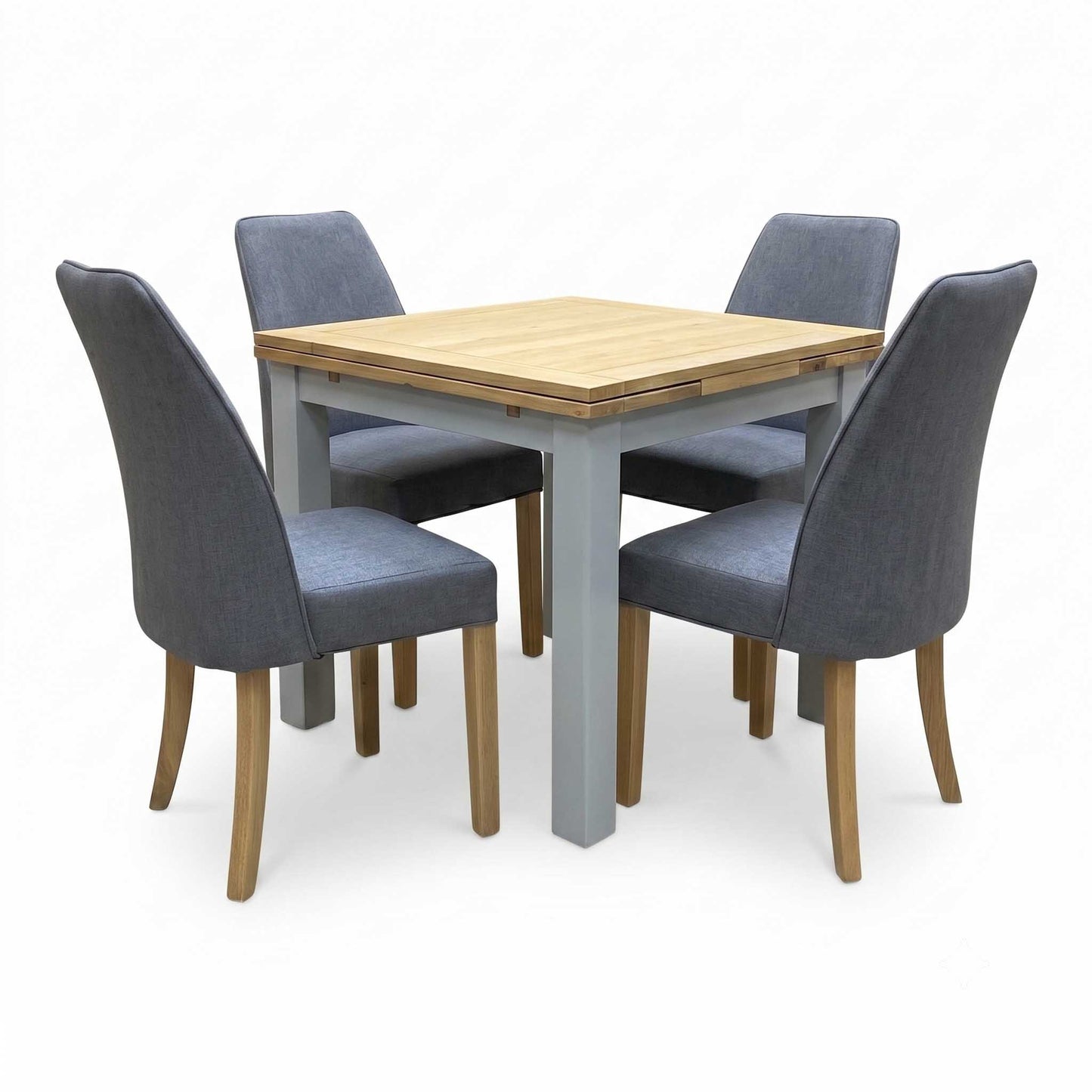 ‘Hamilton’ Solid American Oak Draw Leaf Extending Dining Table with Charcoal Grey Fabric Dining Chairs - Set of 4 Furniture Village