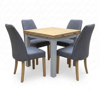 ‘Hamilton’ Solid American Oak Draw Leaf Extending Dining Table with Charcoal Grey Fabric Dining Chairs - Set of 4 Furniture Village