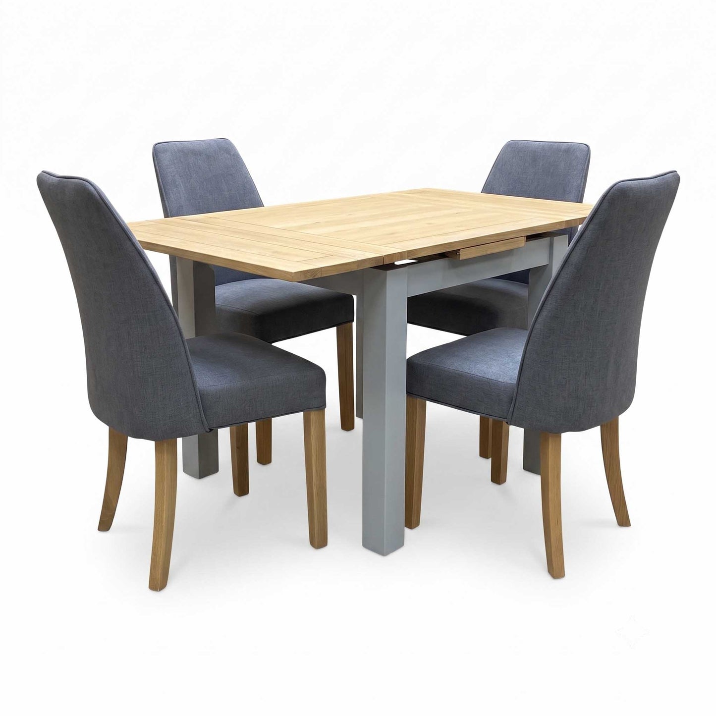 ‘Hamilton’ Solid American Oak Draw Leaf Extending Dining Table with Charcoal Grey Fabric Dining Chairs - Set of 4 Furniture Village
