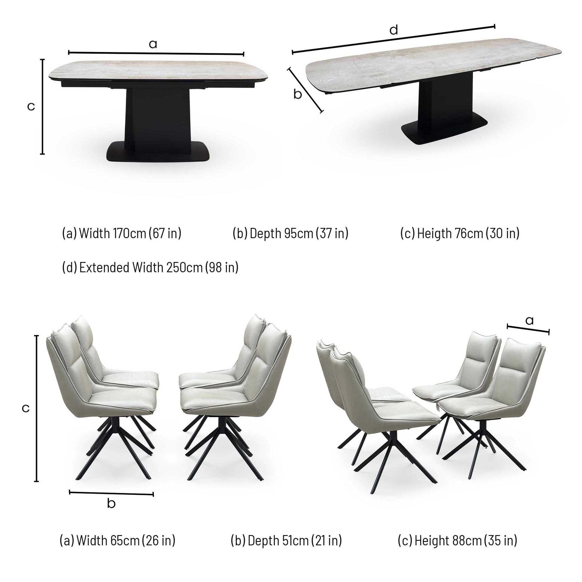 ‘Catalina’ Large Extending Ceramic Top Dining Table with Taupe Faux Leather Set of 4 Swivel Dining Chairs Furniture Village